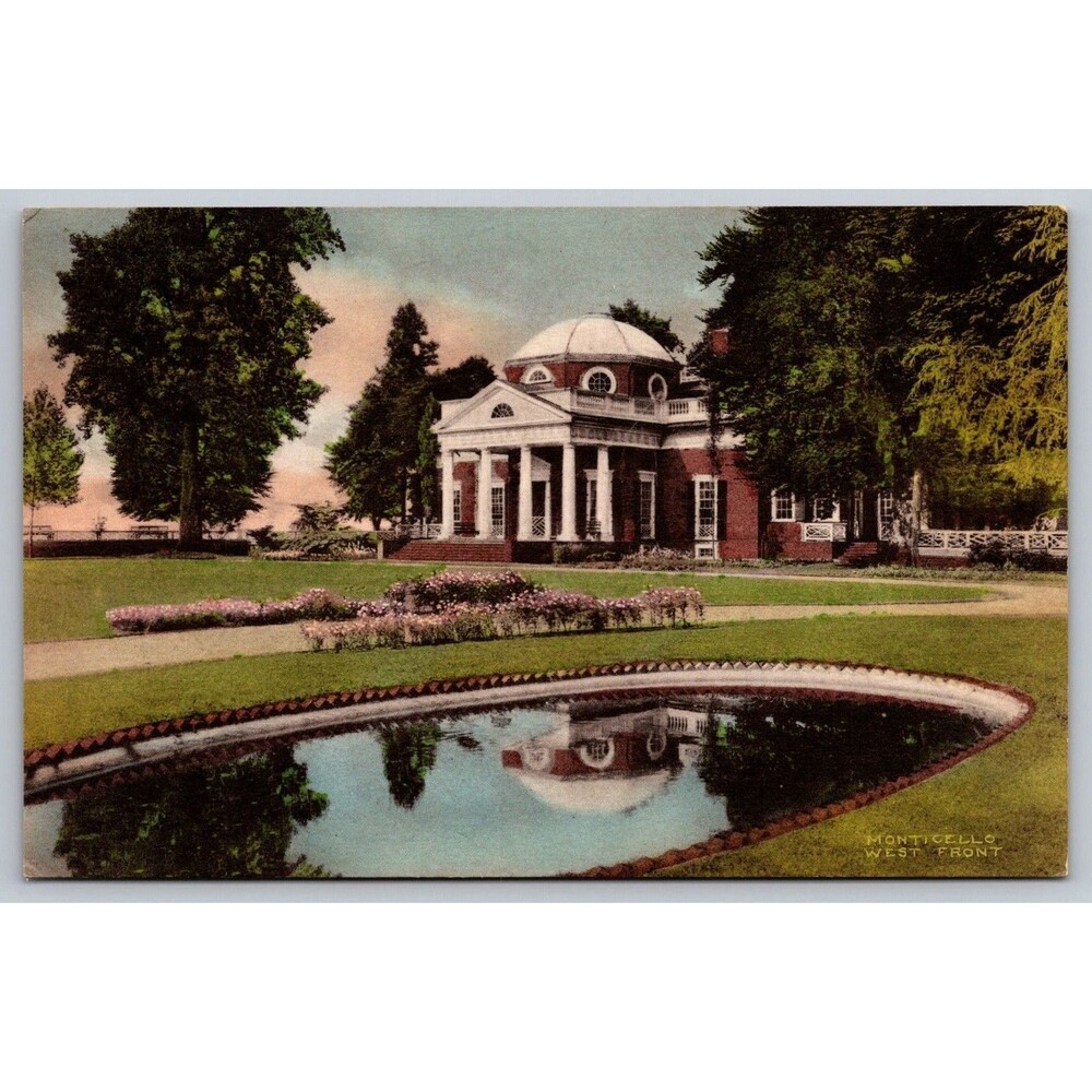 Vtg Hand-Colored Postcard Monticello West Front Thomas Jefferson Home Albertype